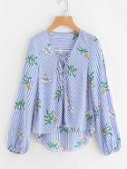 Romwe Mixed Print Lace Up Staggered Hem Blouse