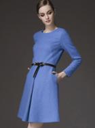 Romwe Blue Round Neck Long Sleeve Drawstring Pockets Dress