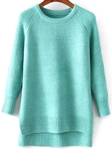 Romwe Dip Hem Split Green Sweater