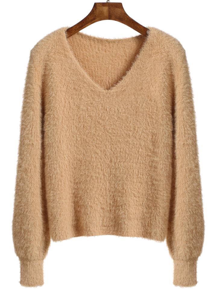 Romwe V Neck Long Sleeve Khaki Sweater