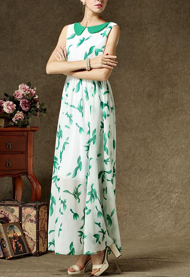 Romwe Doll Collar Leaves Print Chiffon Dress