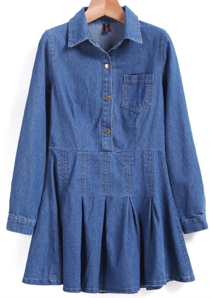 Romwe Lapel With Pocket Denim Dress