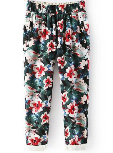 Romwe Green Elastic Waist Floral Loose Pant