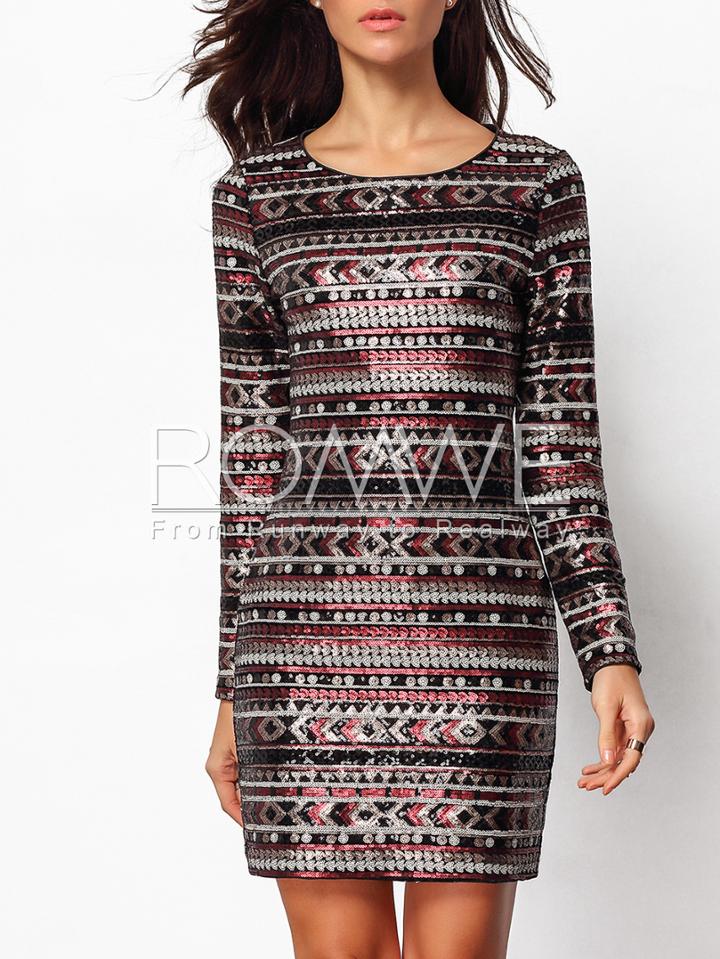 Romwe Burgundy Striped Sequined Bodycon Dress