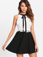 Romwe Contrast Lace Tied Neck Fitted & Flared Dress