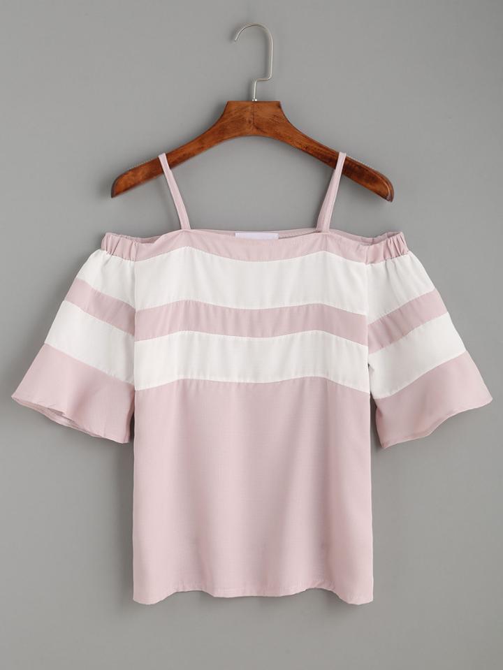 Romwe Pink Contrast Panel Cold Shoulder Top
