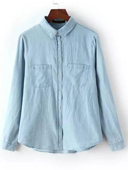 Romwe Blue Lapel Long Sleeve Pockets Denim Blouse