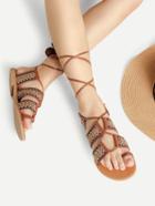 Romwe Pom Pom Detail Tie Leg Flat Sandals