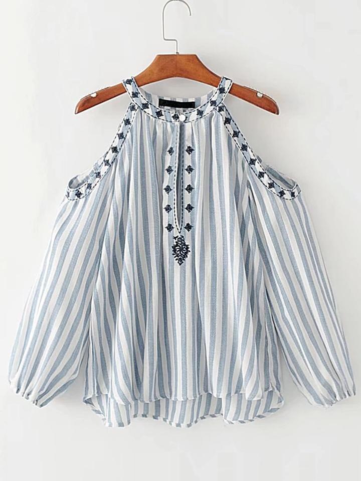 Romwe Open Shoulder Vertical Striped Embroidery Top
