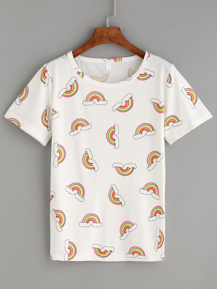 Romwe White Rainbow Print T-shirt