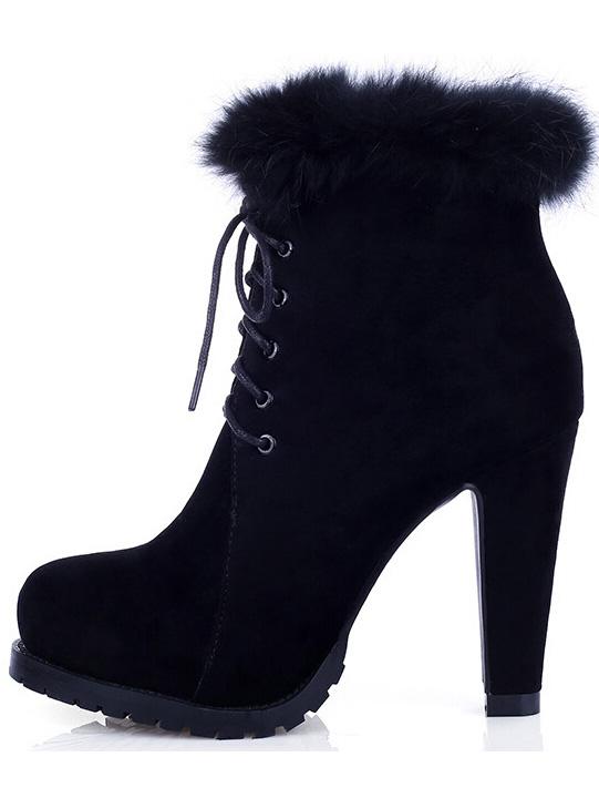 Romwe Black Platform Lace Up Faux Rugged High Heeled Boots