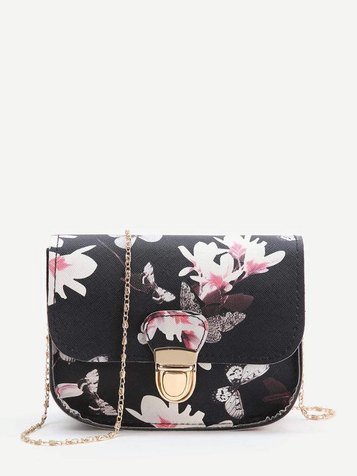 Romwe Black Floral Print Chain Bag