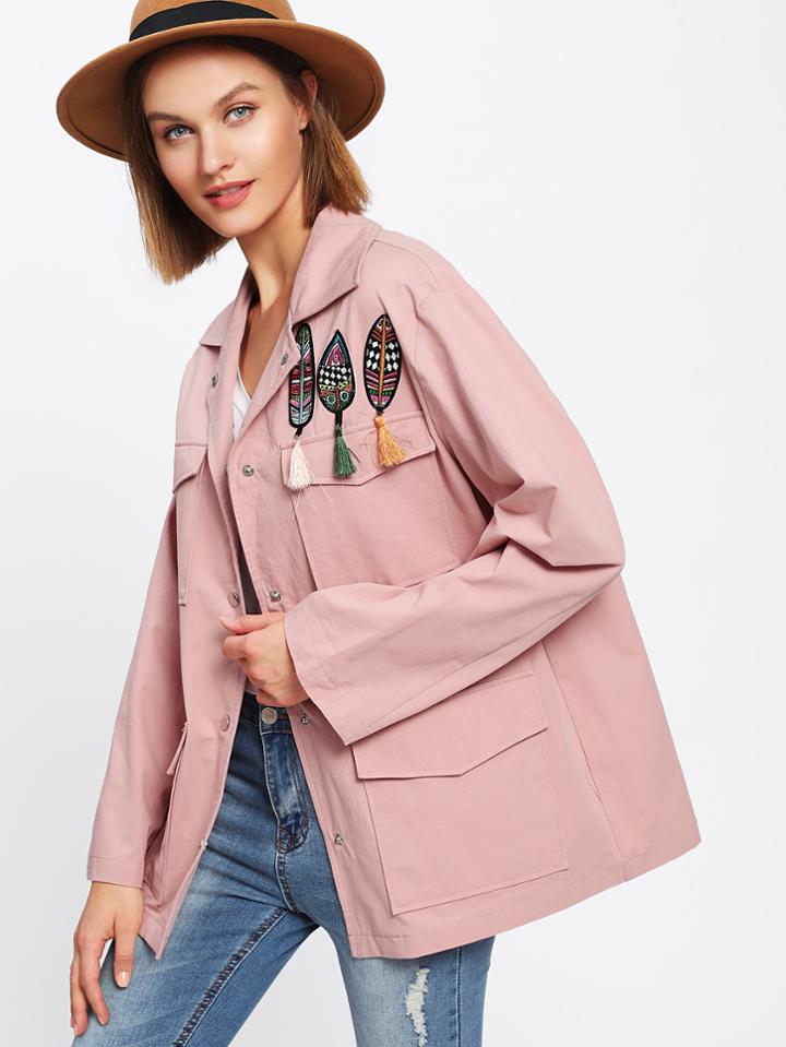 Romwe Leaf Embroidered Tassel Embellished Jacket