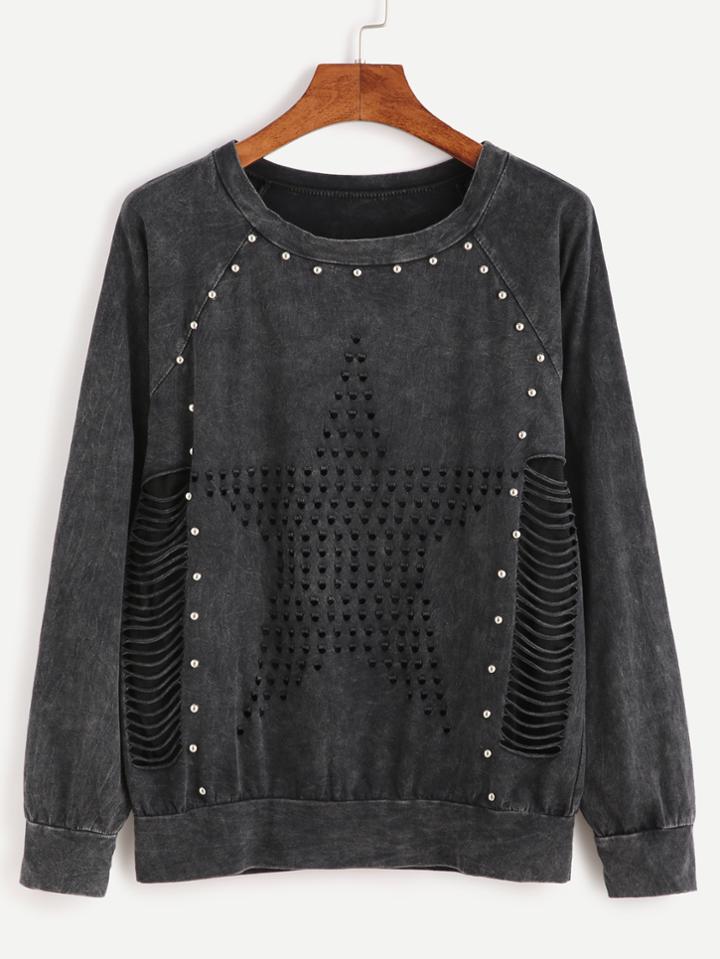 Romwe Black Raglan Sleeve Ripped Studded Sweatshirt