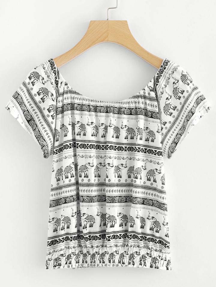 Romwe Scoop Neck Elephant Print Tee
