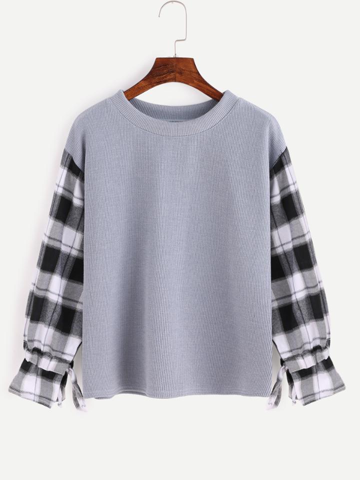Romwe Contrast Plaid Sleeve Drawstring Sweater