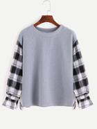 Romwe Contrast Plaid Sleeve Drawstring Sweater