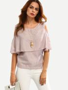 Romwe Open Shoulder Layered Vertical Striped Top - Brown