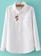 Romwe Cat Embroidered Pocket Blouse
