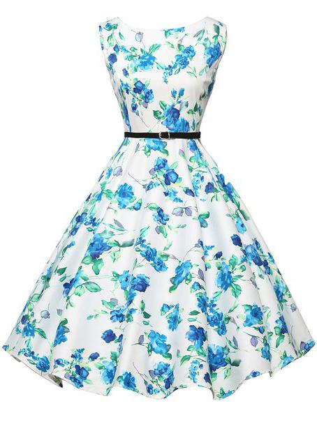 Romwe Belted Flower Print Fit & Flare Dress