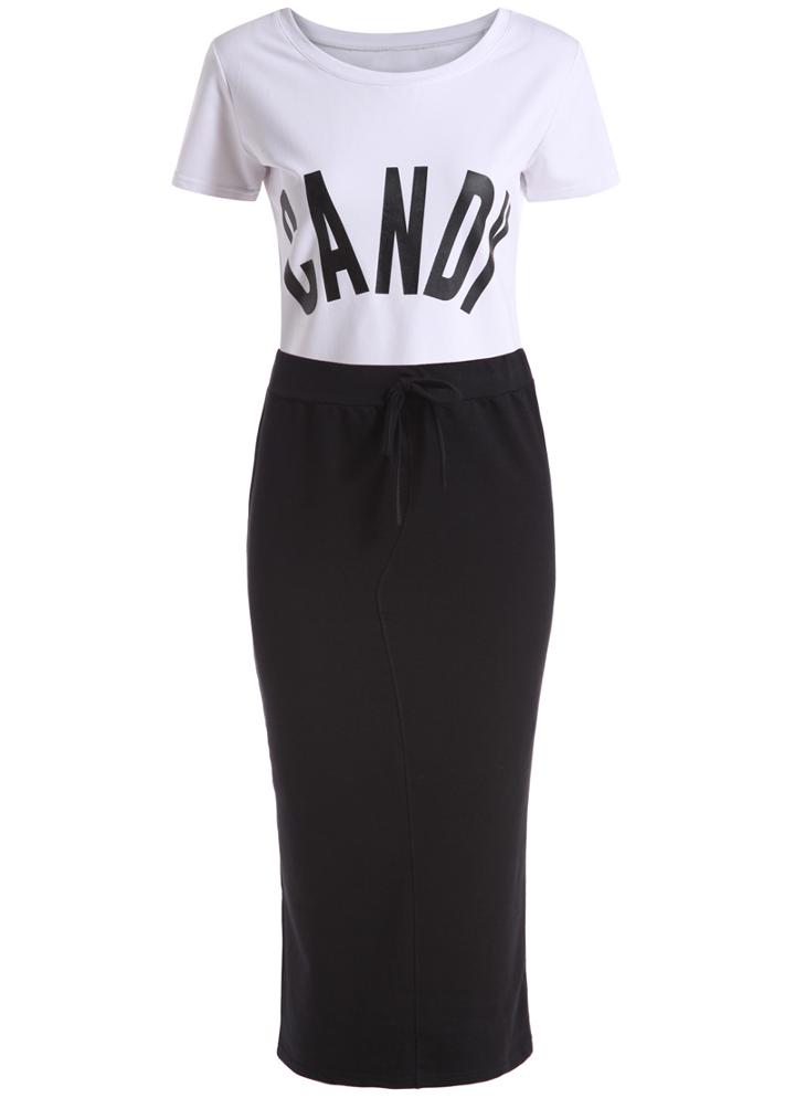 Romwe Letter Print Top With Drawstring Bodycon Skirt