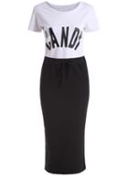 Romwe Letter Print Top With Drawstring Bodycon Skirt