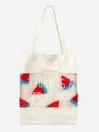 Romwe White Watermelon Print Clear Panel Canvas Tote Bag