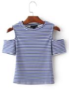 Romwe Blue Cold Shoulder Striped T-shirt