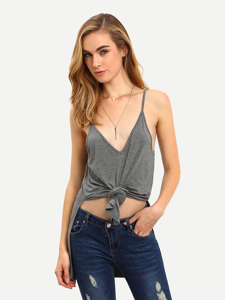 Romwe Grey Spaghetti Strap V Neck Backless Tank Top