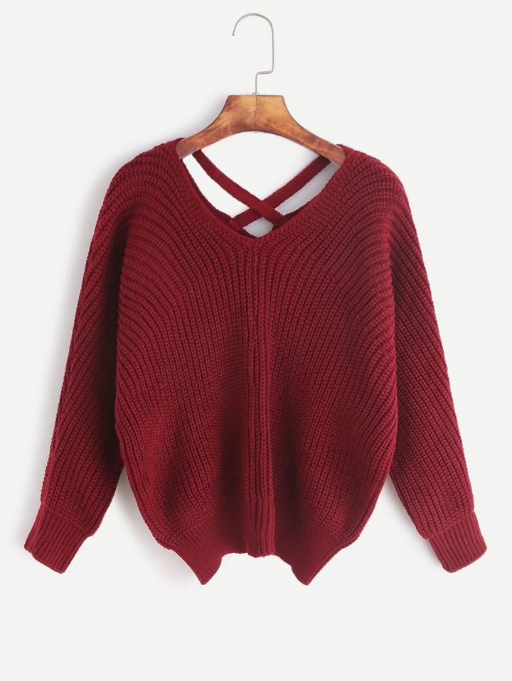 Romwe Burgundy Double V Neck Criss Cross Sweater