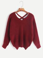 Romwe Burgundy Double V Neck Criss Cross Sweater