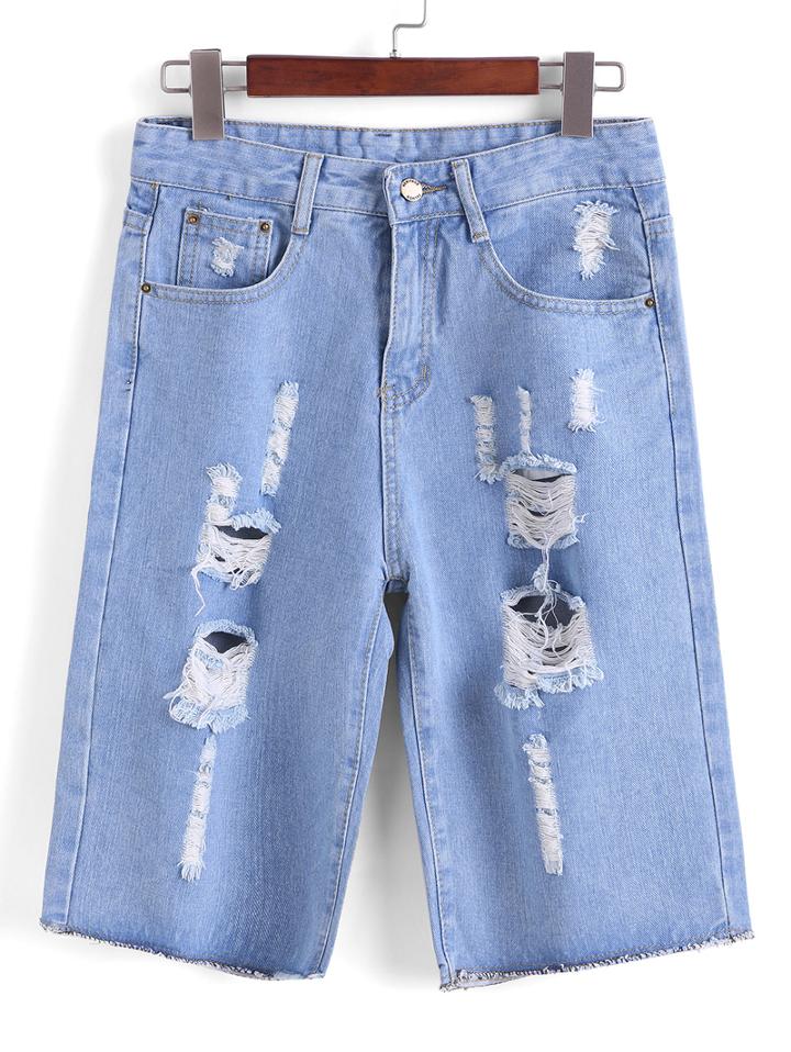 Romwe With Button Ripped Denim Shorts