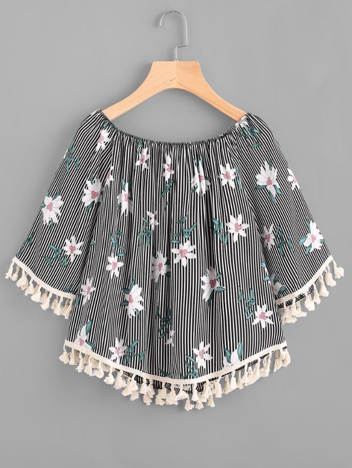 Romwe Floral Print Random Striped Tassel Hem Blouse