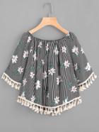 Romwe Floral Print Random Striped Tassel Hem Blouse