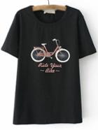 Romwe Black Short Sleeve Bicycle Letters Printed T-shirt