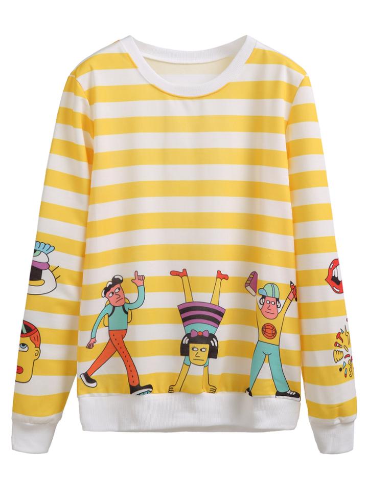 Romwe Yellow Cartoon Print Striped Sweatshirt
