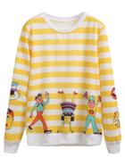 Romwe Yellow Cartoon Print Striped Sweatshirt