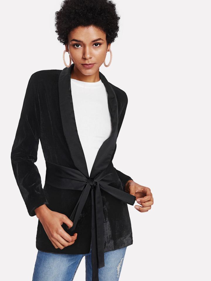 Romwe Shawl Collar Self Tie Velvet Coat