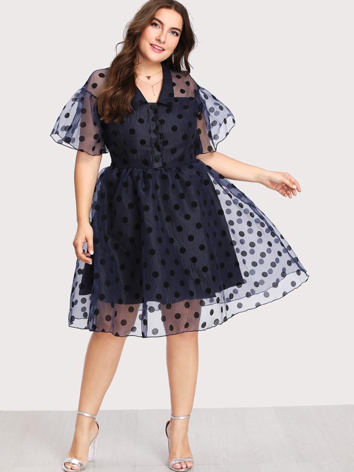 Romwe Fluted Sleeve Polka Dot Sheer Mesh Dress