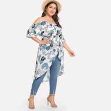 Romwe Plus Jungle Print Cold Shoulder Overlap Blouse