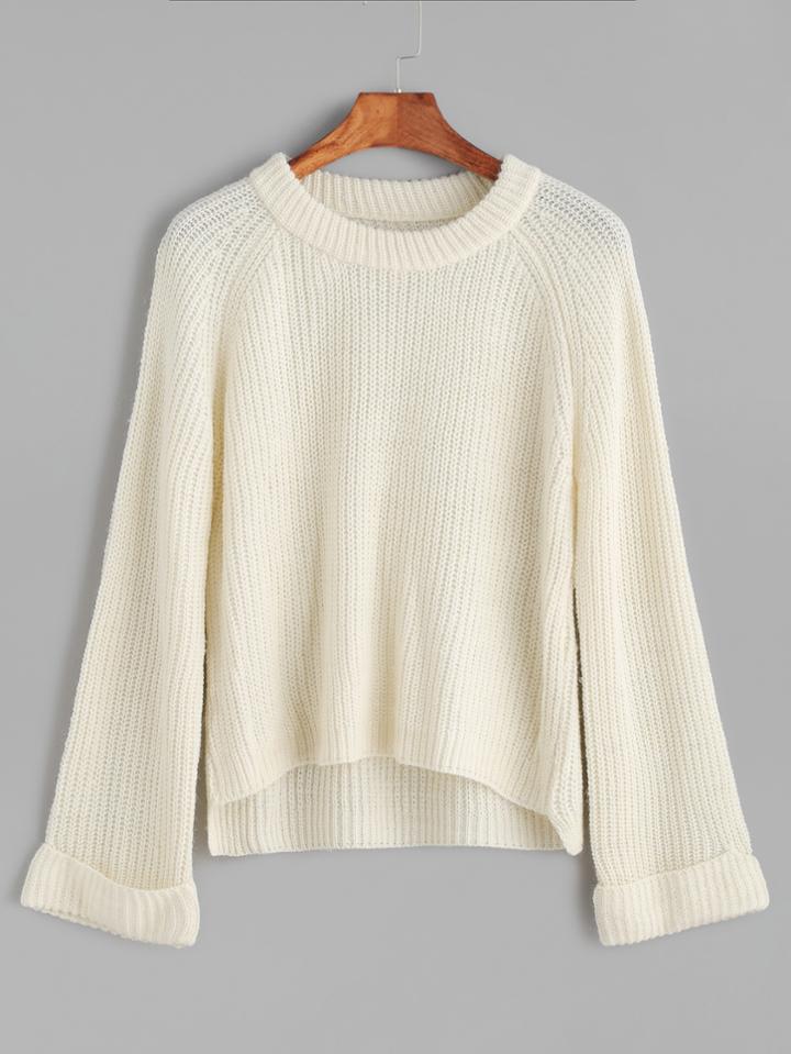 Romwe Beige Raglan Sleeve High Low Cuffed Sweater