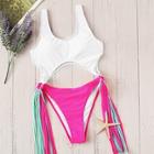 Romwe Two Tone Cut-out Ring Linked Fringe Monokini