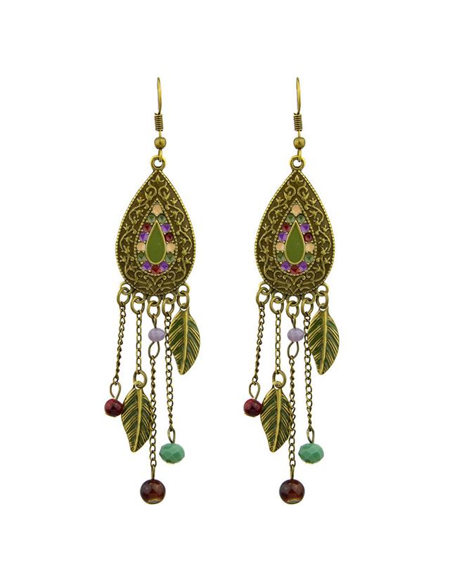 Romwe Hanging Leaf Shape Beads Long Earrings