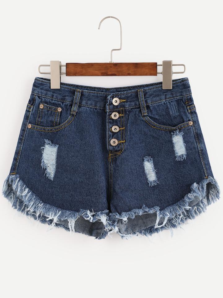 Romwe Blue Button Fly Frayed Denim Shorts