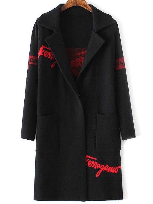 Romwe Black Letter Print Shawl Collar Pocket Long Sweater Coat