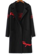 Romwe Black Letter Print Shawl Collar Pocket Long Sweater Coat
