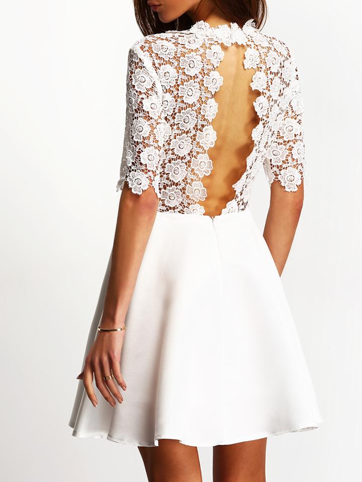 Romwe White Eyelet Cut Out Back Skater Dress