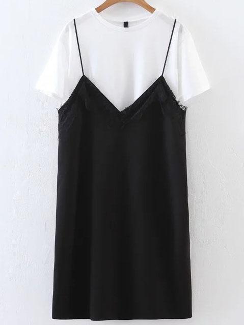Romwe Contrast Lace Cami Dress With Short Sleeve T-shirt