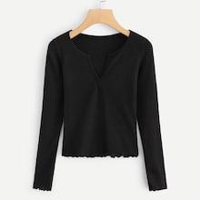 Romwe Ribbed Lettuce Trim Solid Tee