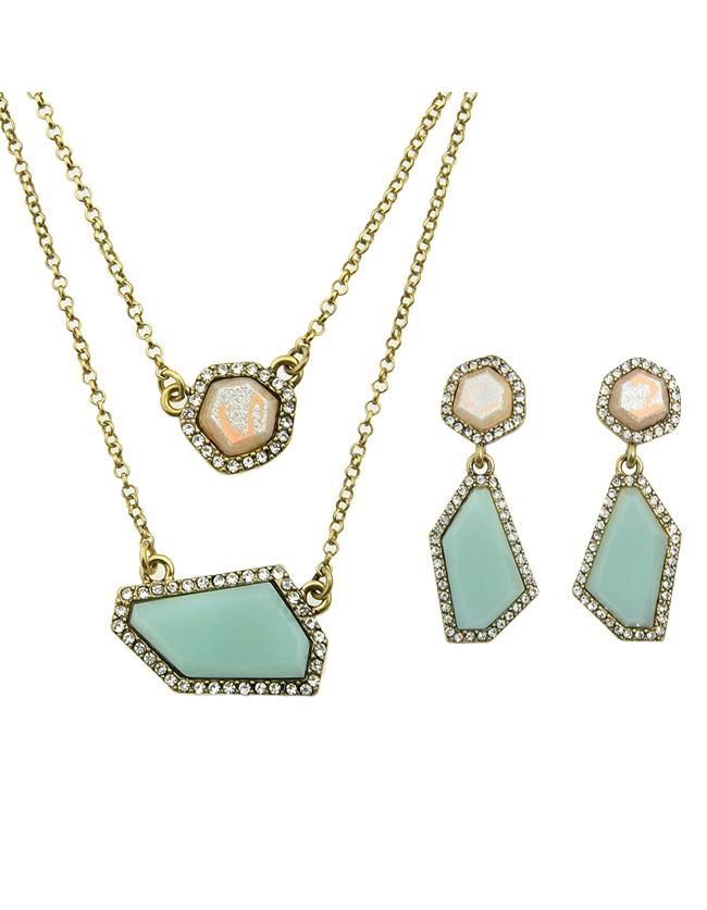Romwe Blue Imitation Gemstone Necklace Earrings Costume Jewelry Set
